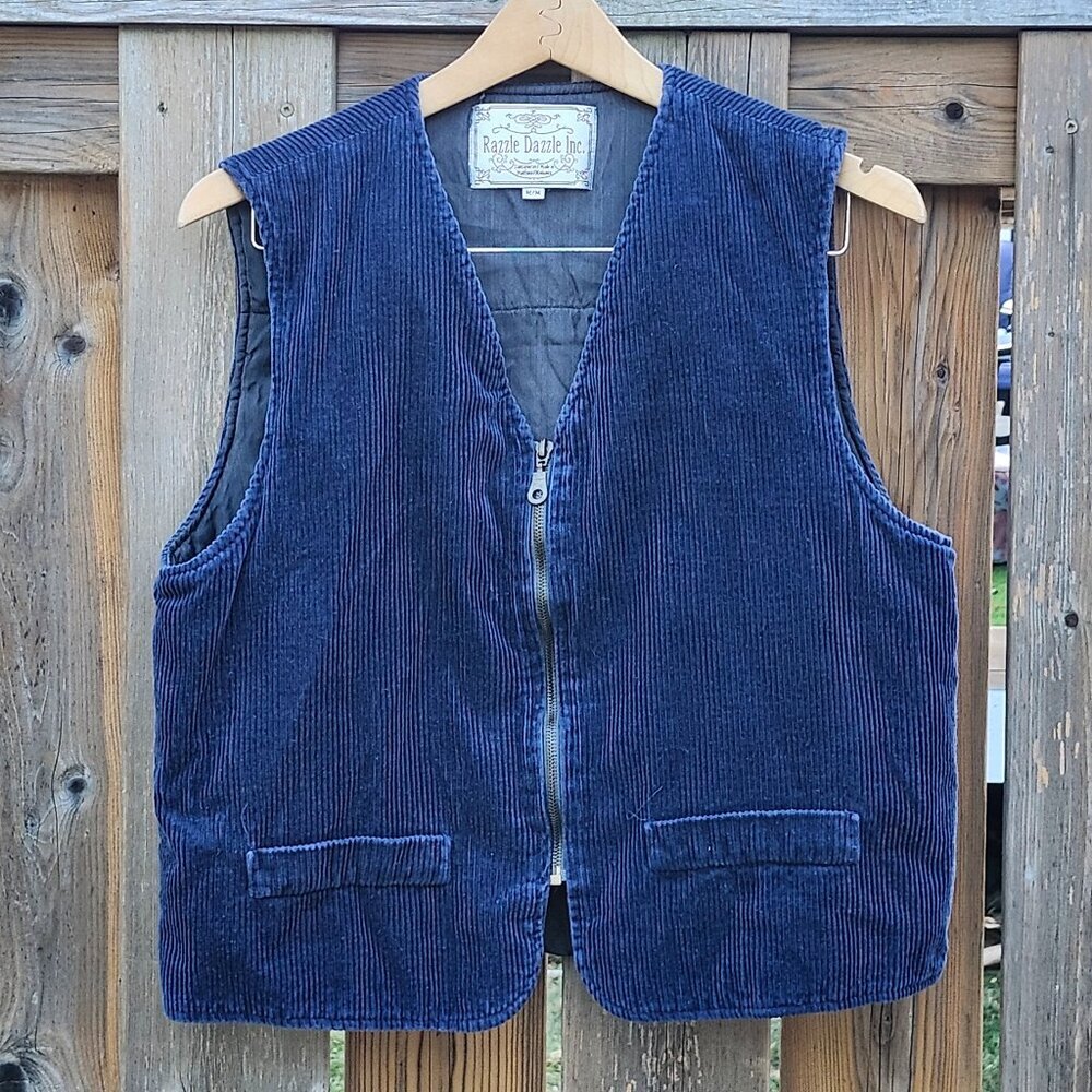 UNIQUE Vintage Razzle Dazzle Inc. BLUE Corduroy Vest Full Zip Women's Size M 90s - Picture 1 of 4